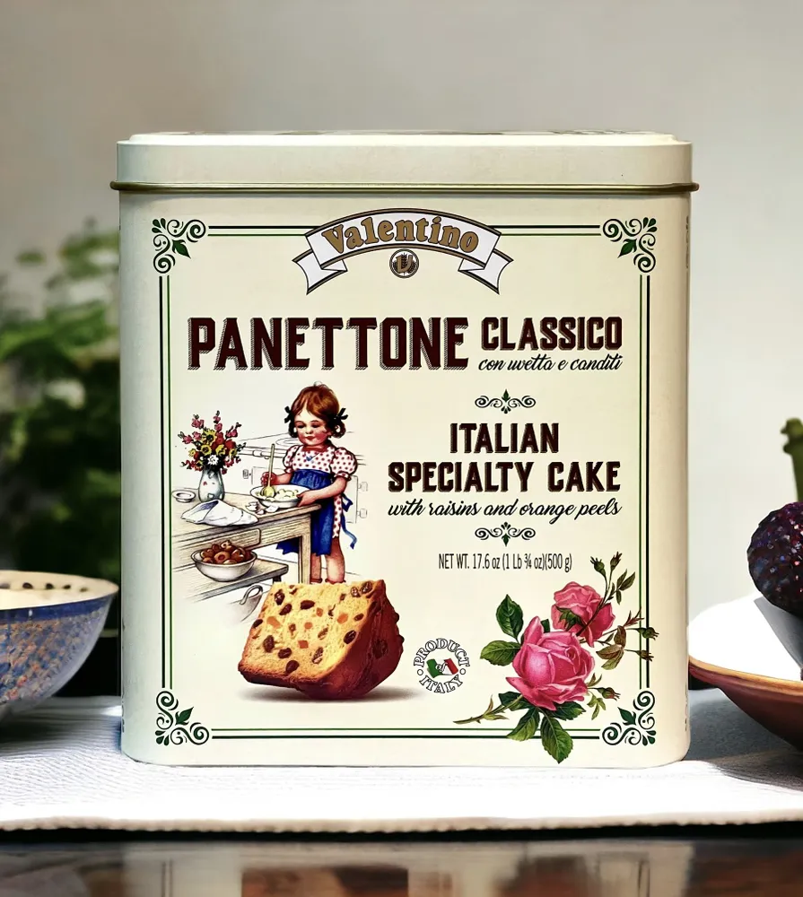 Кекс VALENTINO Panettone с изюмом и цукатами жесть, 500г, Италия