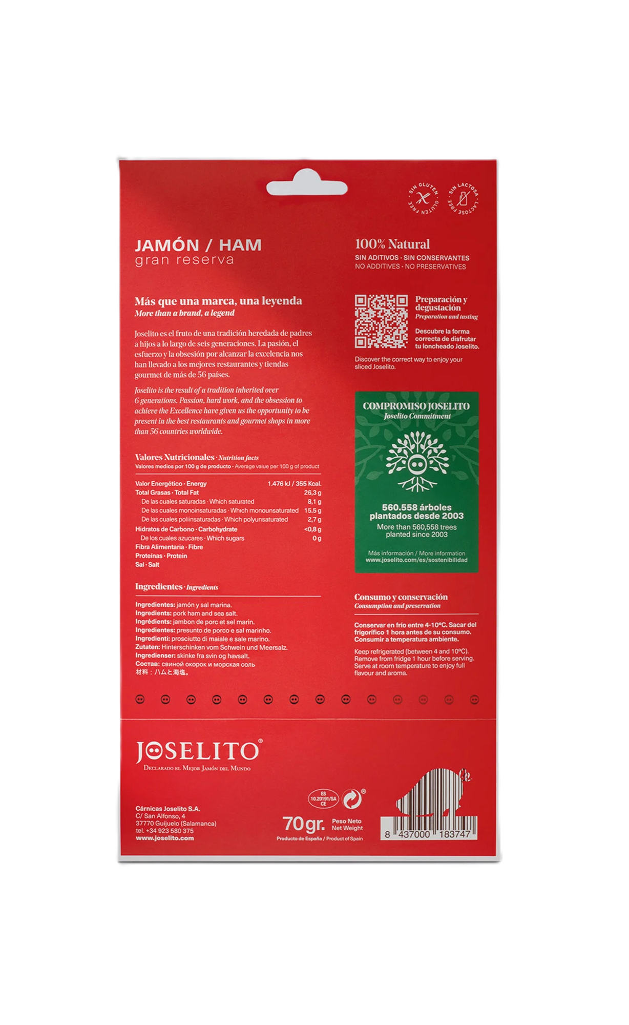 Хамон Joselito Gran Reserva Iberico Bellota (Иберико Бейота) 100% 48 месяцев выдержки нарезка 70 г