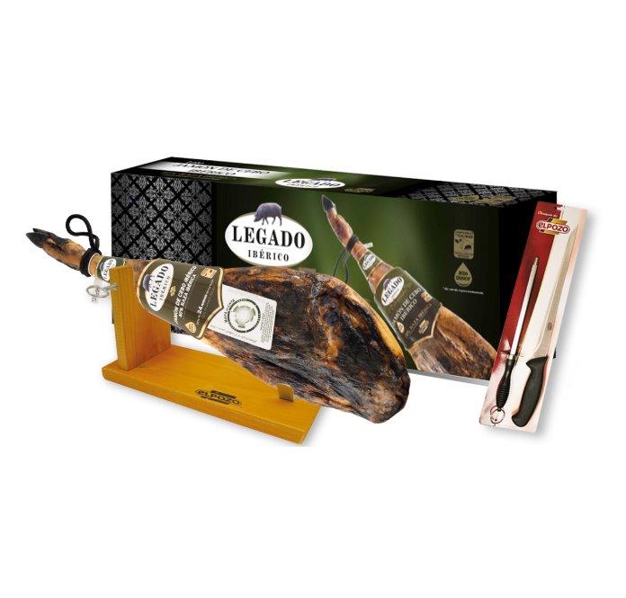 Подарочный набор Хамон Iberico Cebo (Иберико Себо) на кости 24 месяца выдержки с хамонерой и ножом