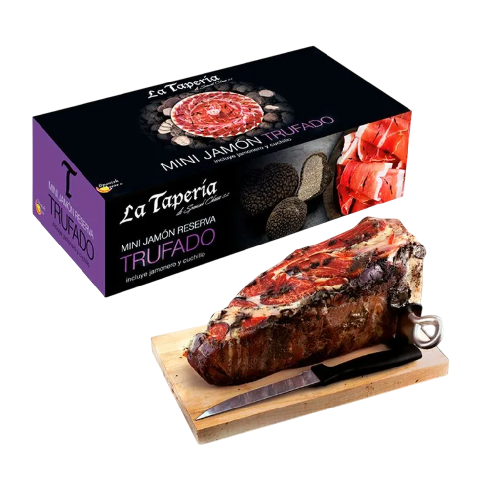 Подарочный мини-набор Хамон Serrano Reserva (Серрано Резерва) без кости с трюфелем до 12 месяцев выдержки с хамонерой и ножом