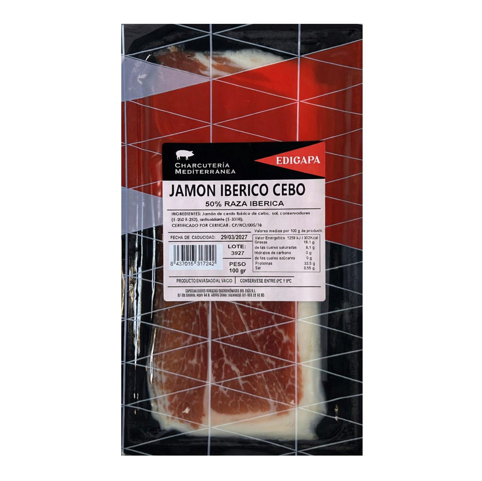 Хамон EDIGAPA Iberico Cebo (Иберико Себо) 24 месяца выдержки нарезка 100 г