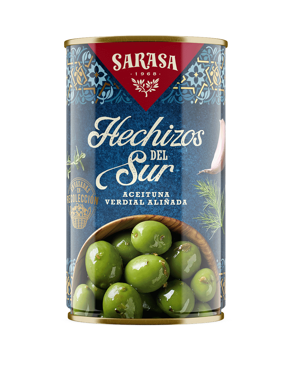 Оливки Sarasa битые с косточкой в маринаде из чеснока и трав 350 г
